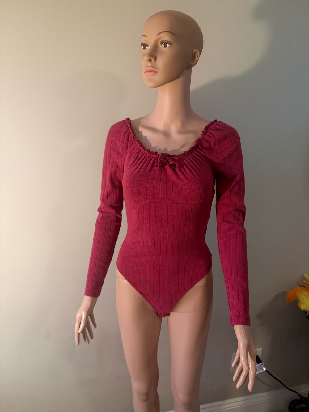Celebrity Pink Ribbed Long-Sleeve Babydoll Bodysuit - Raspberry Pink